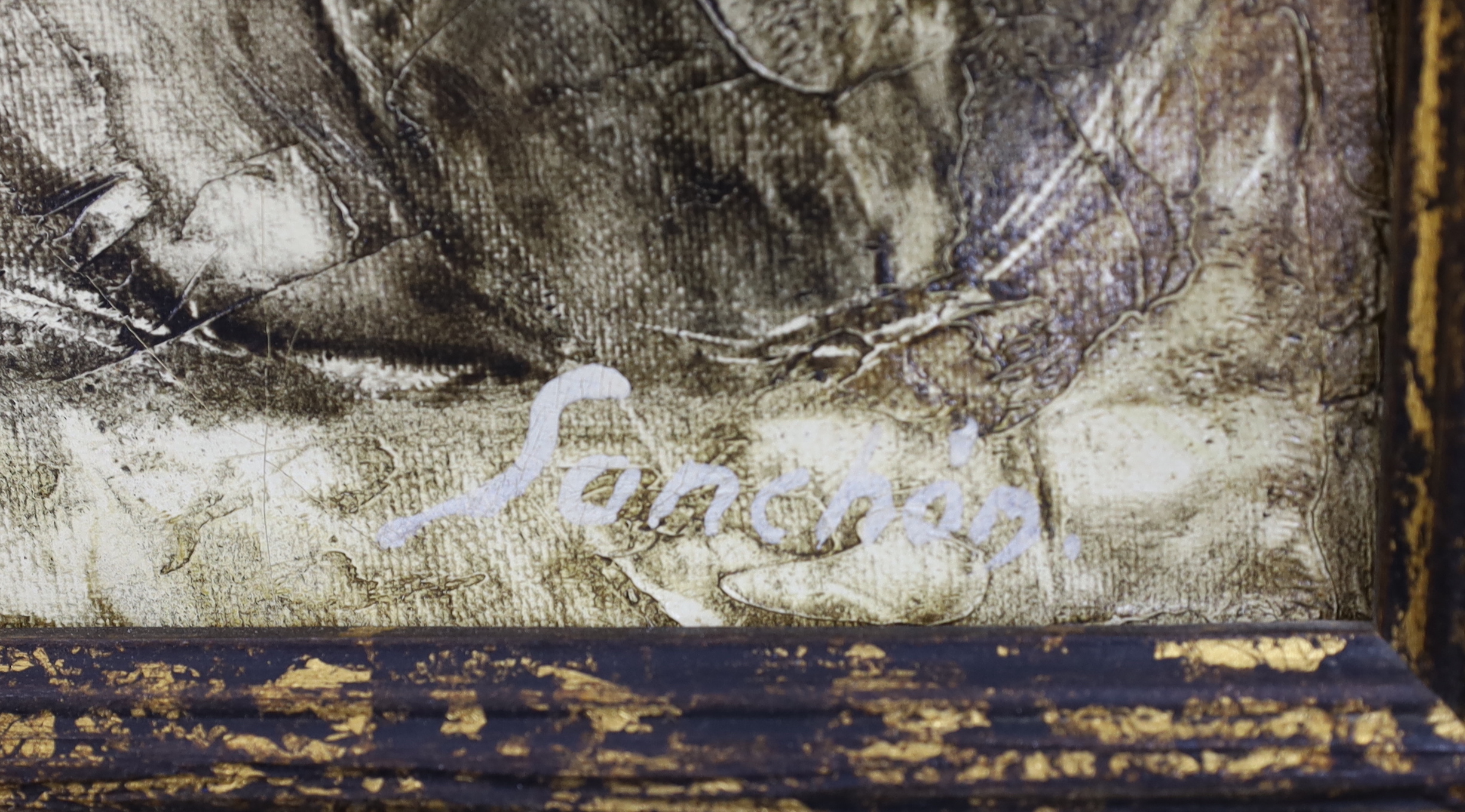 Sanchon, oil on canvas, two seated ladies beside a wagon, signed, 37 x 76cm